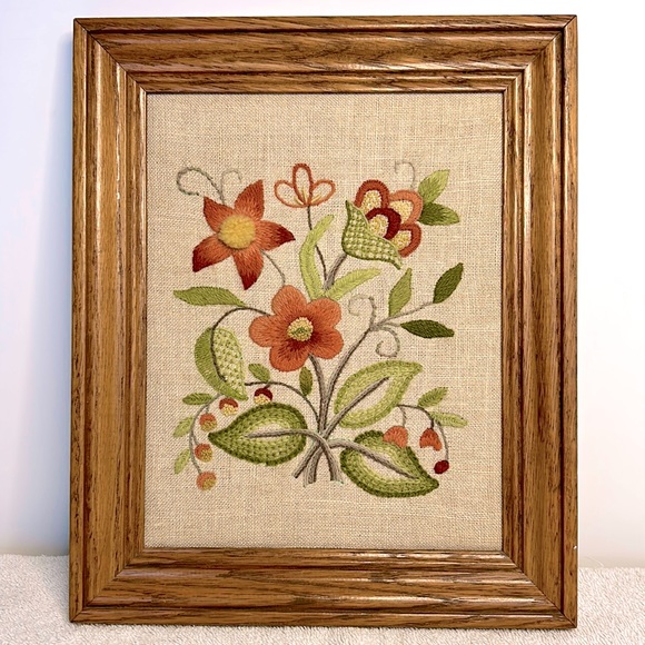 Art Crewel Embroidered Art Oak Framed Floral Vintage Poshmark